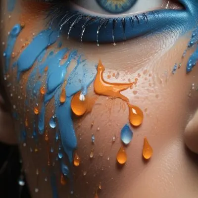 A Close Up Of A Woman S Eye With Vibrant Blue And Orange Makeup With Water Droplets On The Skin Around The Eye 2 15f9