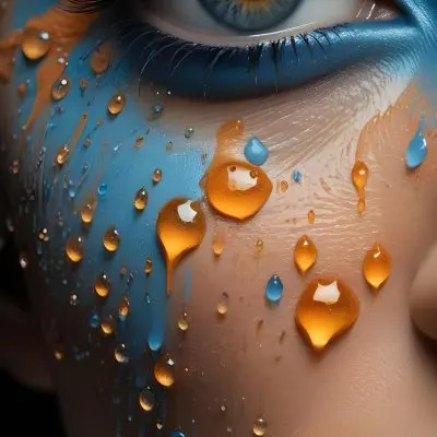 A Close Up Of A Woman S Eye With Vibrant Blue And Orange Makeup With Water Droplets On The Skin Around The Eye 2 Bf25