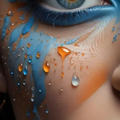 A Close Up Of A Woman S Eye With Vibrant Blue And Orange Makeup With Water Droplets On The Skin Around The Eye 3 735d