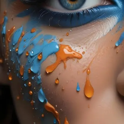 A Close Up Of A Woman S Eye With Vibrant Blue And Orange Makeup With Water Droplets On The Skin Around The Eye 4 939a