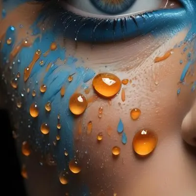 A Close Up Of A Woman S Eye With Vibrant Blue And Orange Makeup With Water Droplets On The Skin Around The Eye 5 4756