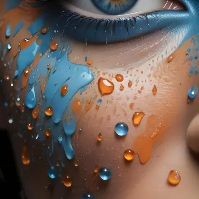 A Close Up Of A Woman S Eye With Vibrant Blue And Orange Makeup With Water Droplets On The Skin Around The Eye 7 4b37