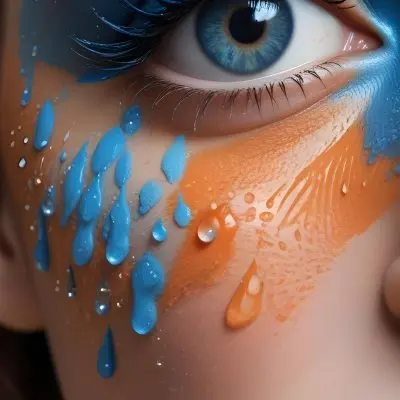 A Close Up Of A Woman S Eye With Vibrant Blue And Orange Makeup With Water Droplets On The Skin Around The Eye 8 D7b3