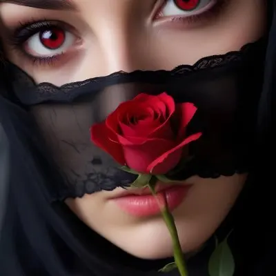 A Close Up Of A Woman S Face Partially Obscured By A Black Veil With Only Her Intense Red Eyes And A Red Rose Visible 15 8480