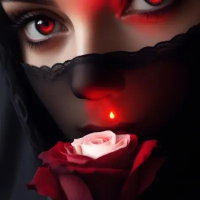 A Close Up Of A Woman S Face Partially Obscured By A Black Veil With Only Her Intense Red Eyes And A Red Rose Visible 18 4b7d