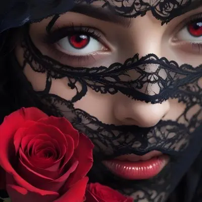 A Close Up Of A Woman S Face Partially Obscured By A Black Veil With Only Her Intense Red Eyes And A Red Rose Visible 2 9be1