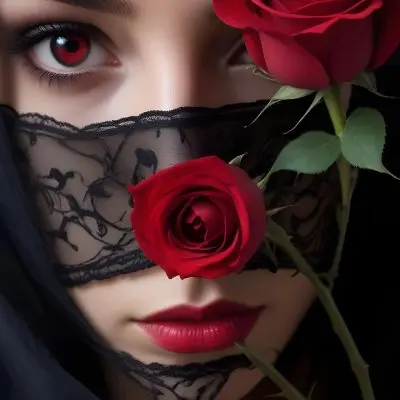 A Close Up Of A Woman S Face Partially Obscured By A Black Veil With Only Her Intense Red Eyes And A Red Rose Visible 20 0420