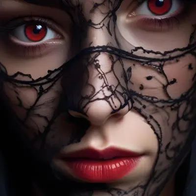 A Close Up Of A Woman S Face Partially Obscured By A Black Veil With Only Her Intense Red Eyes And A Red Rose Visible 21 6f26