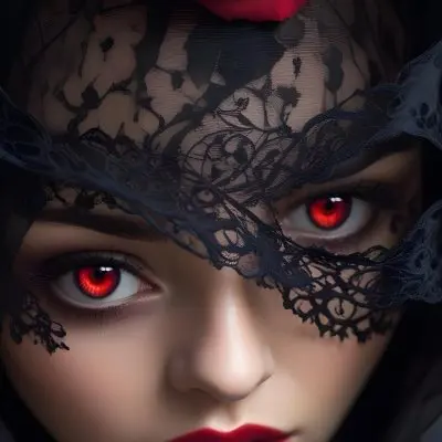 A Close Up Of A Woman S Face Partially Obscured By A Black Veil With Only Her Intense Red Eyes And A Red Rose Visible 3 8c1c