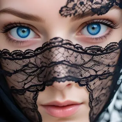 A Close Up Of A Woman S Face With Blue Eyes Wearing A Black Lace Veil Covering The Lower Half Of Her Face 11 Bfa1