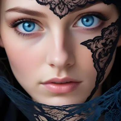 A Close Up Of A Woman S Face With Blue Eyes Wearing A Black Lace Veil Covering The Lower Half Of Her Face 12 2e69