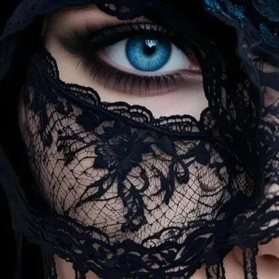 A Close Up Of A Woman S Face With Blue Eyes Wearing A Black Lace Veil Covering The Lower Half Of Her Face 14 A05e