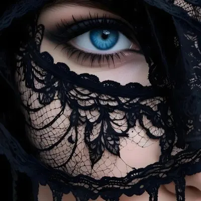 A Close Up Of A Woman S Face With Blue Eyes Wearing A Black Lace Veil Covering The Lower Half Of Her Face 16 86da