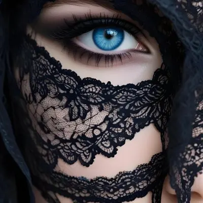 A Close Up Of A Woman S Face With Blue Eyes Wearing A Black Lace Veil Covering The Lower Half Of Her Face 17 C8b8