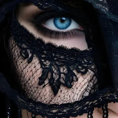 A Close Up Of A Woman S Face With Blue Eyes Wearing A Black Lace Veil Covering The Lower Half Of Her Face 18 64a6