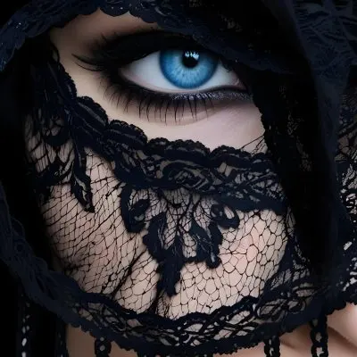 A Close Up Of A Woman S Face With Blue Eyes Wearing A Black Lace Veil Covering The Lower Half Of Her Face 20 E90f