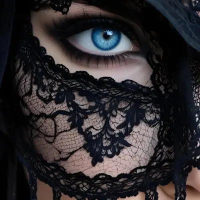 A Close Up Of A Woman S Face With Blue Eyes Wearing A Black Lace Veil Covering The Lower Half Of Her Face 21 Acd0