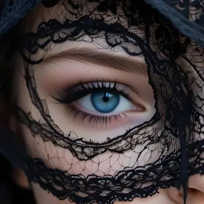 A Close Up Of A Woman S Face With Blue Eyes Wearing A Black Lace Veil Covering The Lower Half Of Her Face 3 92bd