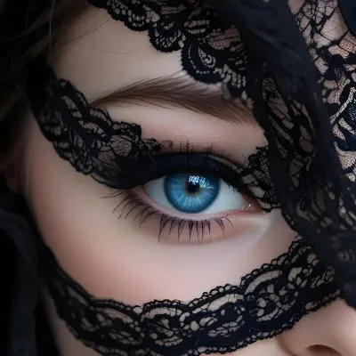 A Close Up Of A Woman S Face With Blue Eyes Wearing A Black Lace Veil Covering The Lower Half Of Her Face 4 Df4b