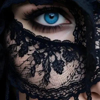 A Close Up Of A Woman S Face With Blue Eyes Wearing A Black Lace Veil Covering The Lower Half Of Her Face 5 4fcb