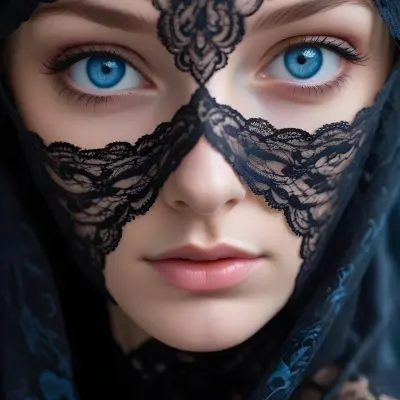 A Close Up Of A Woman S Face With Blue Eyes Wearing A Black Lace Veil Covering The Lower Half Of Her Face 8 980c