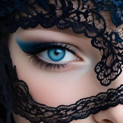 A Close Up Of A Woman S Face With Blue Eyes Wearing A Black Lace Veil Covering The Lower Half Of Her Face 9 8c23