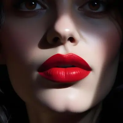 A Close Up Of A Woman S Face With Dramatic Red Lips And Dark Shadowy Background 24 7b58