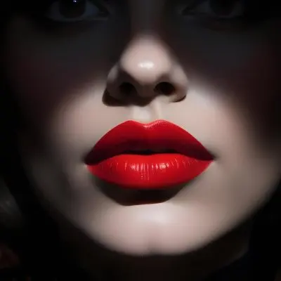 A Close Up Of A Woman S Face With Dramatic Red Lips And Dark Shadowy Background 55 86e5