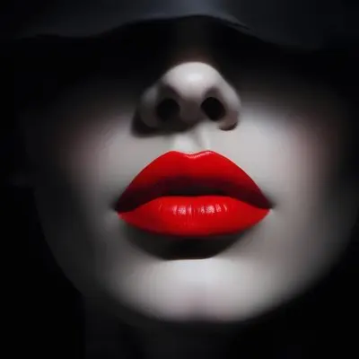 A Close Up Of A Woman S Face With Dramatic Red Lips And Dark Shadowy Background 60 8ce1