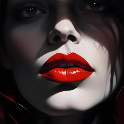 A Close Up Of A Woman S Face With Dramatic Red Lips And Dark Shadowy Background 8 Dc0e