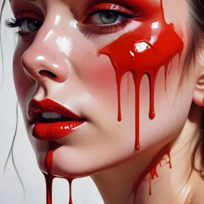 A Close Up Of A Woman S Face With Dramatic Red Makeup Dripping Down Her Cheeks Creating A Striking And Intense Visual Effect In Bright Daylight With A Plain Background 11 7f59