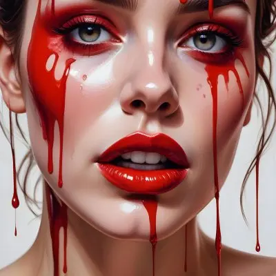 A Close Up Of A Woman S Face With Dramatic Red Makeup Dripping Down Her Cheeks Creating A Striking And Intense Visual Effect In Bright Daylight With A Plain Background 12 Bd2d