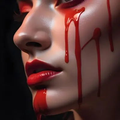 A Close Up Of A Woman S Face With Dramatic Red Makeup Dripping Down Her Cheeks Creating A Striking And Intense Visual Effect In Bright Daylight With A Plain Background 15 6527