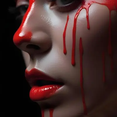 A Close Up Of A Woman S Face With Dramatic Red Makeup Dripping Down Her Cheeks Creating A Striking And Intense Visual Effect In Bright Daylight With A Plain Background 19 0e28
