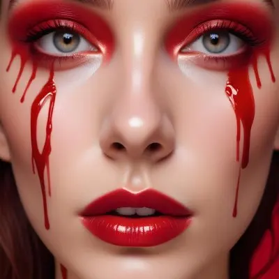 A Close Up Of A Woman S Face With Dramatic Red Makeup Dripping Down Her Cheeks Creating A Striking And Intense Visual Effect In Bright Daylight With A Plain Background 20 7d69