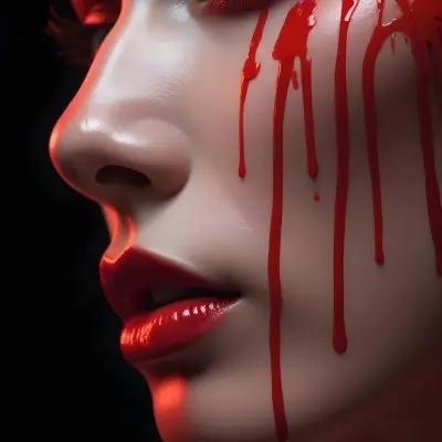 A Close Up Of A Woman S Face With Dramatic Red Makeup Dripping Down Her Cheeks Creating A Striking And Intense Visual Effect In Bright Daylight With A Plain Background 21 B540