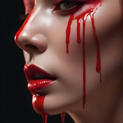 A Close Up Of A Woman S Face With Dramatic Red Makeup Dripping Down Her Cheeks Creating A Striking And Intense Visual Effect In Bright Daylight With A Plain Background 22 A8f4