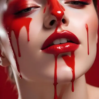 A Close Up Of A Woman S Face With Dramatic Red Makeup Dripping Down Her Cheeks Creating A Striking And Intense Visual Effect In Bright Daylight With A Plain Background 24 176c