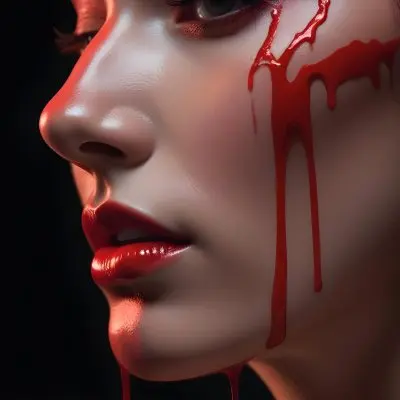 A Close Up Of A Woman S Face With Dramatic Red Makeup Dripping Down Her Cheeks Creating A Striking And Intense Visual Effect In Bright Daylight With A Plain Background 35 D542