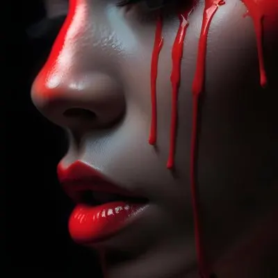 A Close Up Of A Woman S Face With Dramatic Red Makeup Dripping Down Her Cheeks Creating A Striking And Intense Visual Effect In Bright Daylight With A Plain Background 36 2f87
