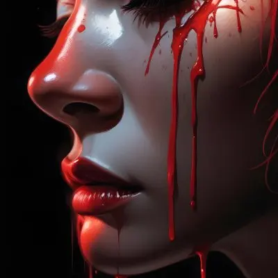 A Close Up Of A Woman S Face With Dramatic Red Makeup Dripping Down Her Cheeks Creating A Striking And Intense Visual Effect In Bright Daylight With A Plain Background 4 Ac79