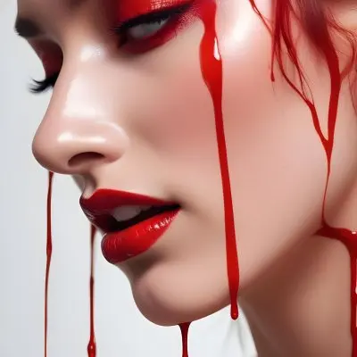 A Close Up Of A Woman S Face With Dramatic Red Makeup Dripping Down Her Cheeks Creating A Striking And Intense Visual Effect In Bright Daylight With A Plain Background 40 9dee