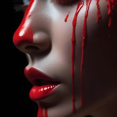 A Close Up Of A Woman S Face With Dramatic Red Makeup Dripping Down Her Cheeks Creating A Striking And Intense Visual Effect In Bright Daylight With A Plain Background 41 E077