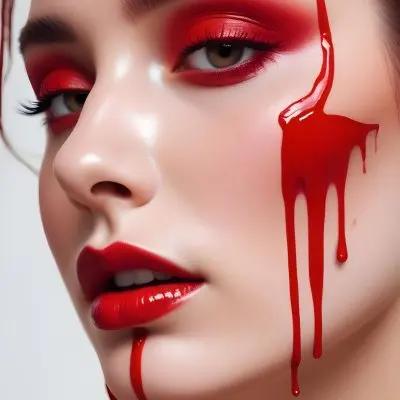 A Close Up Of A Woman S Face With Dramatic Red Makeup Dripping Down Her Cheeks Creating A Striking And Intense Visual Effect In Bright Daylight With A Plain Background 42 75d0