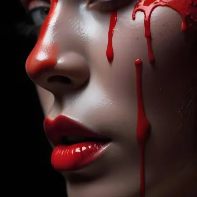 A Close Up Of A Woman S Face With Dramatic Red Makeup Dripping Down Her Cheeks Creating A Striking And Intense Visual Effect In Bright Daylight With A Plain Background 47 Fc8b
