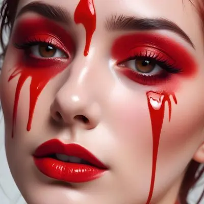 A Close Up Of A Woman S Face With Dramatic Red Makeup Dripping Down Her Cheeks Creating A Striking And Intense Visual Effect In Bright Daylight With A Plain Background 48 2f3f