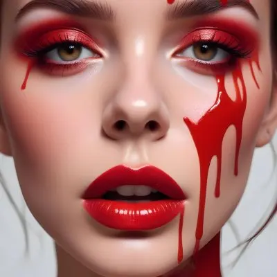A Close Up Of A Woman S Face With Dramatic Red Makeup Dripping Down Her Cheeks Creating A Striking And Intense Visual Effect In Bright Daylight With A Plain Background 52 09c7