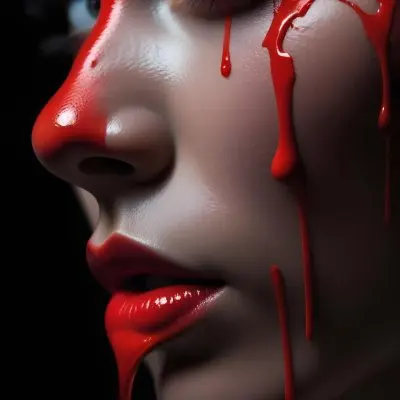 A Close Up Of A Woman S Face With Dramatic Red Makeup Dripping Down Her Cheeks Creating A Striking And Intense Visual Effect In Bright Daylight With A Plain Background 54 761e