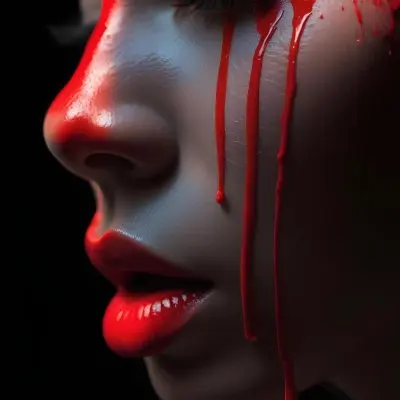 A Close Up Of A Woman S Face With Dramatic Red Makeup Dripping Down Her Cheeks Creating A Striking And Intense Visual Effect In Bright Daylight With A Plain Background 58 C2bc