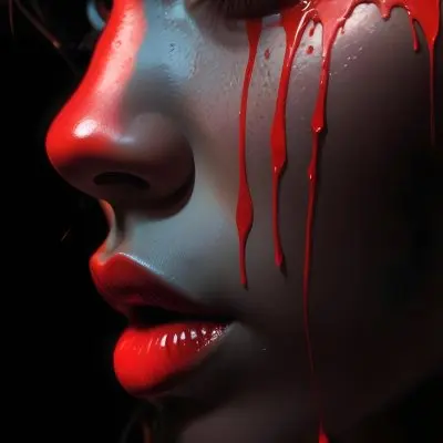 A Close Up Of A Woman S Face With Dramatic Red Makeup Dripping Down Her Cheeks Creating A Striking And Intense Visual Effect In Bright Daylight With A Plain Background 61 33e7